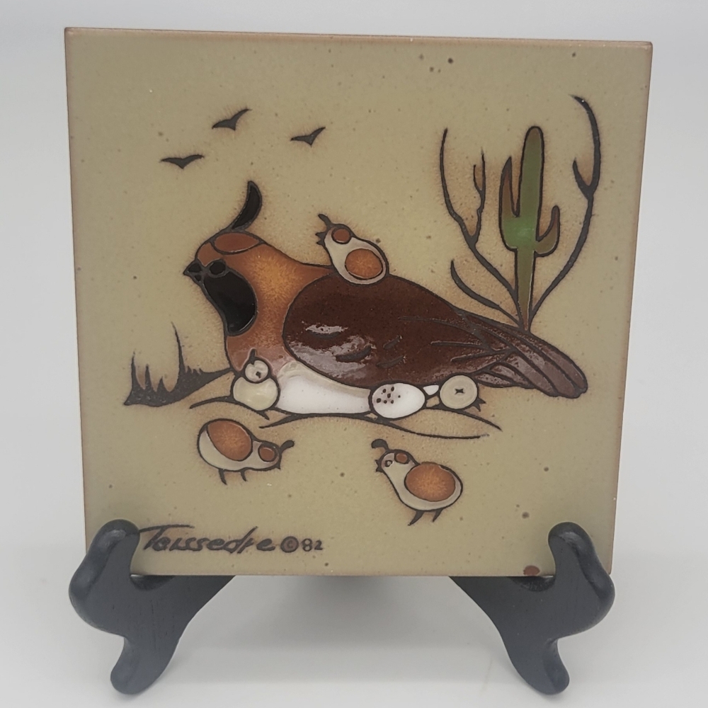 Vintage Cleo Teissedre 6" Quail Hand-painted Trivet Tile 1982